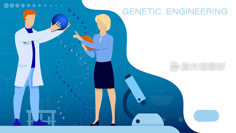 Research Institute. Medical scientists in white coat examines DNA spiral. Molecular engineer vector page. Laboratory scientist is conducting research experiment. Vector